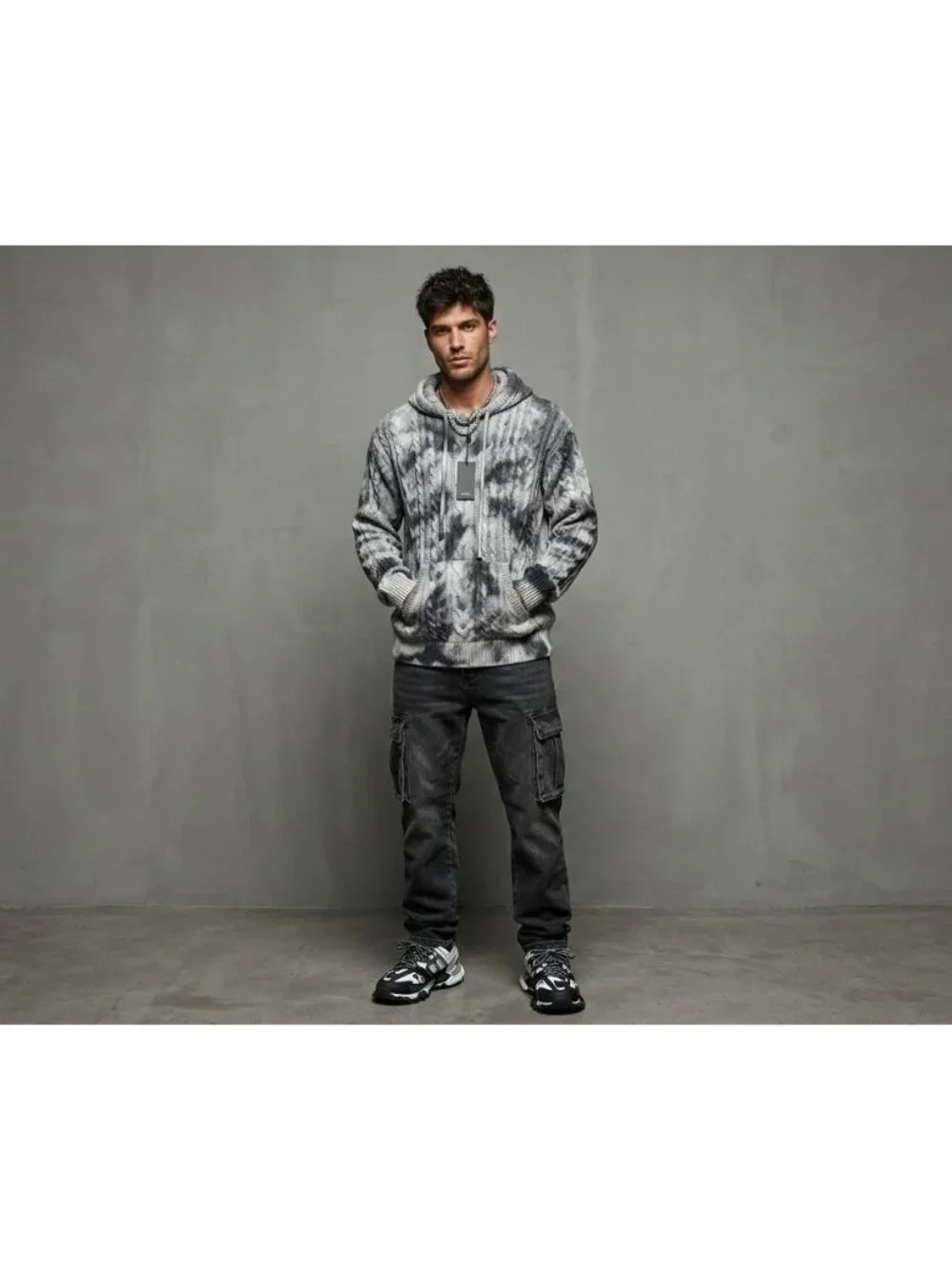 MNML Mens Tie Dye Cable Knit Hoodie Black  M Cotton Cropped Oversized Fit New Wi - Picture 6 of 13